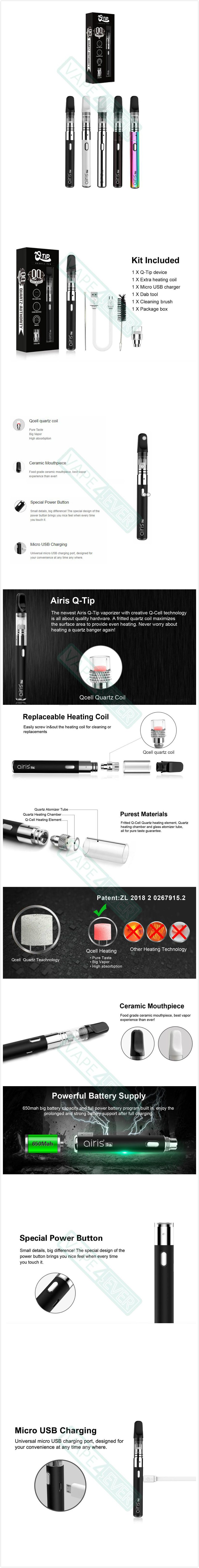 Airistech Q-Tip Q-Cell Wax Vape Pen 650mAh Dry Herb Vaporizer Kit Instruction