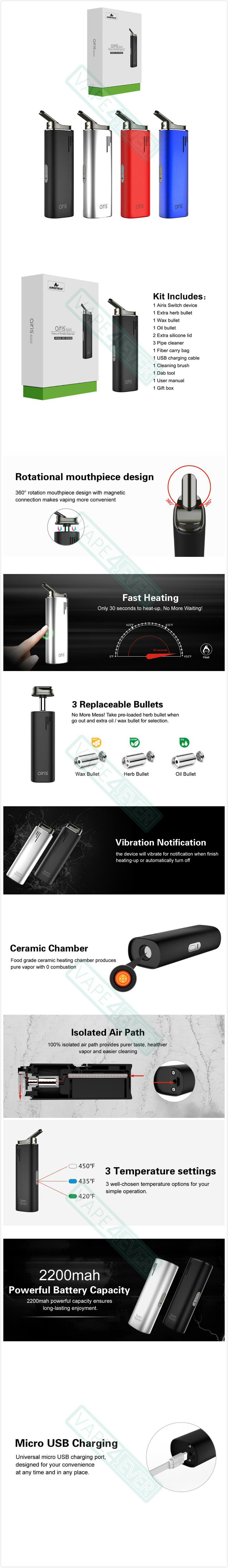 Airistech Switch 3-in-1 Starter Kit 2200mAh Wax/CBD Oil/Dry Herb Vaporizer Kit Instruction