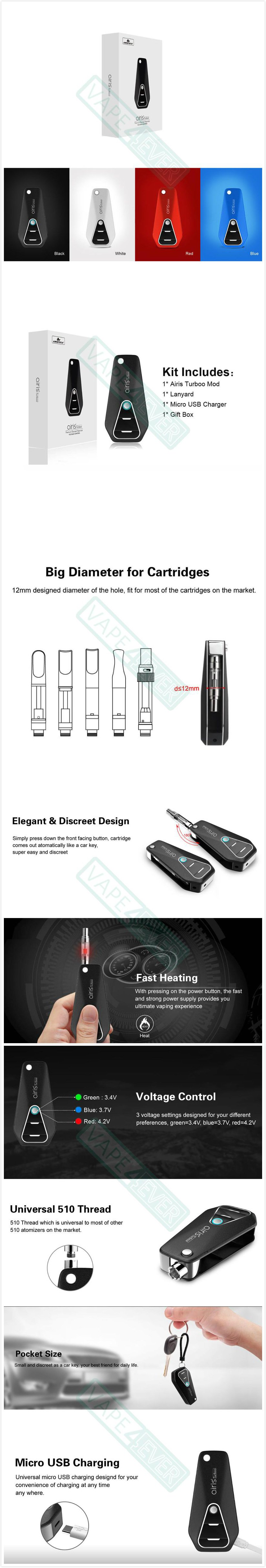 Airistech Airis Turboo Mod 510 Thread 450mAh Variable Voltage Battery Oil Vaporizer Instruction