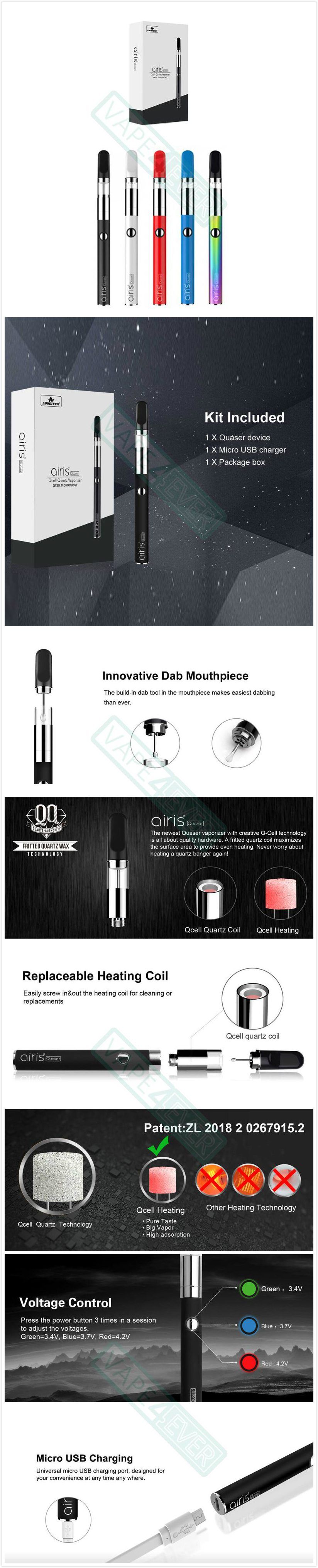 Airistech Airis Quaser Vape Pen 350mAh VV Battery Vaporizer Kit Instruction