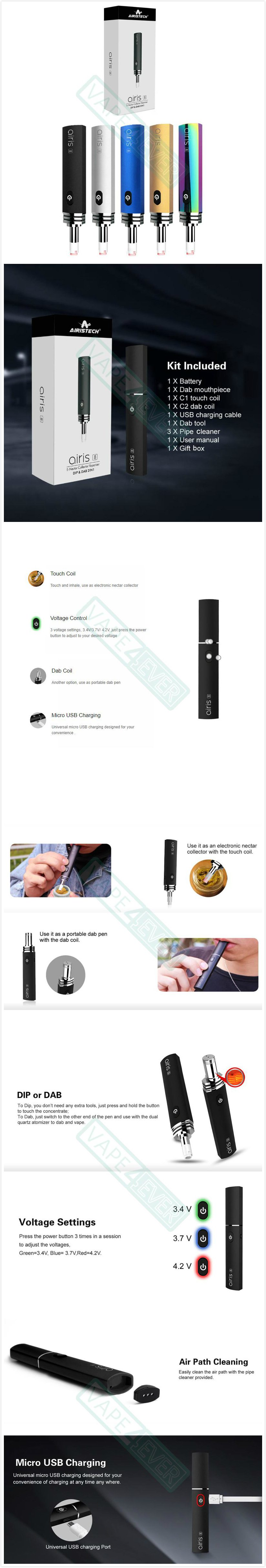 Airistech Airis 8 Vape Pen 2-in-1 400mAh Vaporizer Kit Included Dip & Dab Tool Instruction