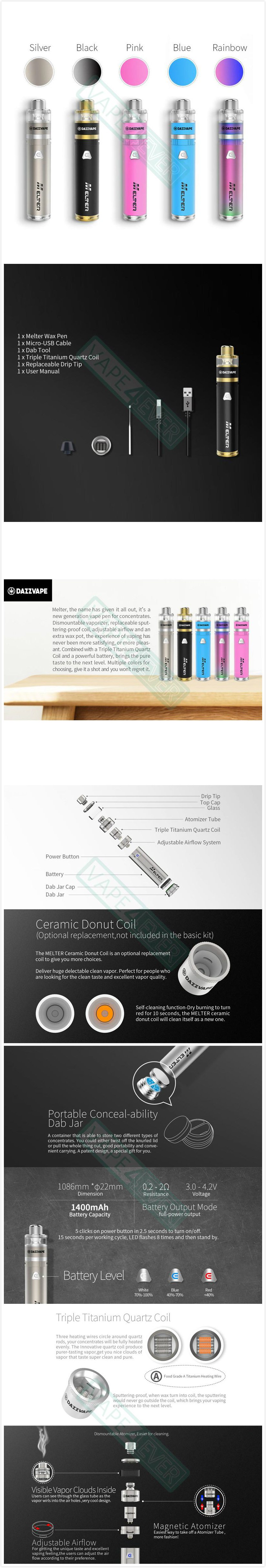 Dazzvape Melter Kit Concentrate Vaporizer 1400mAh VV Battery Vape Pen Instruction