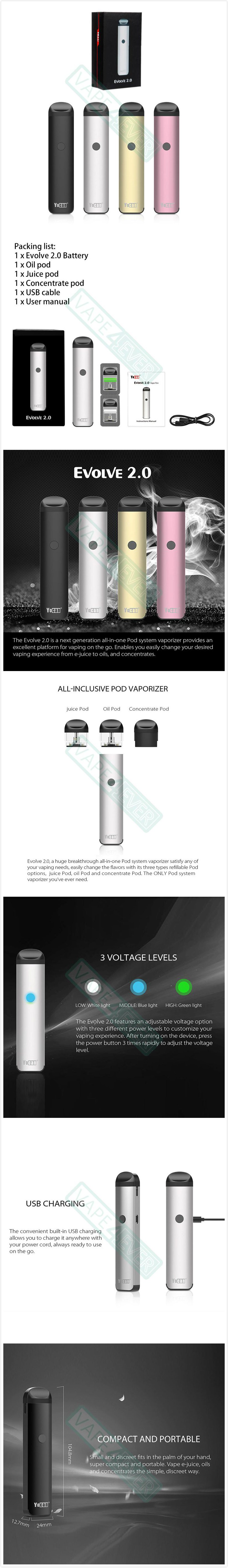 Yocan Evolve 2.0 AIO Vape Pen Starter Kit 650mAh Pod System Kit Included 3 Types Cartridges Instruction