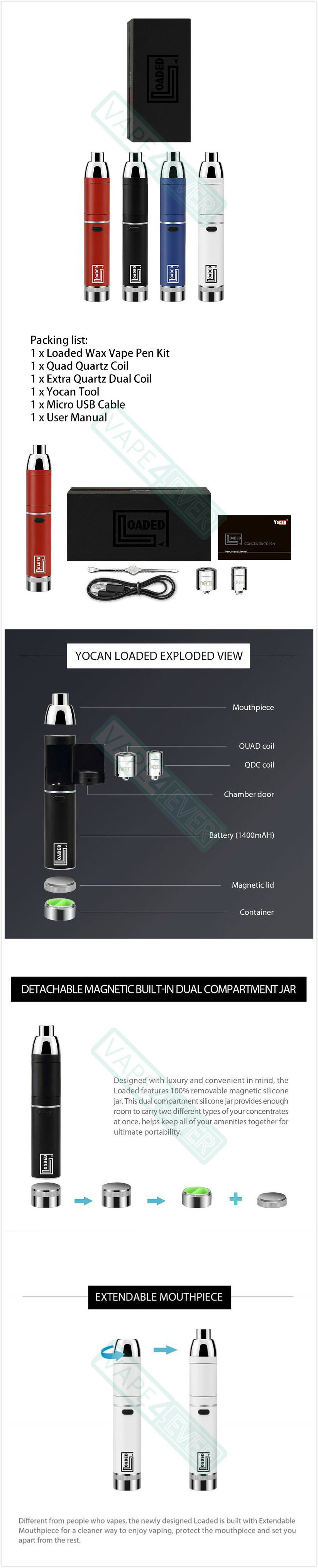 Yocan Loaded Wax Vaporizer Vape Pen Kit 1400mAh Battery Included Quad Quartz Coil Instruction