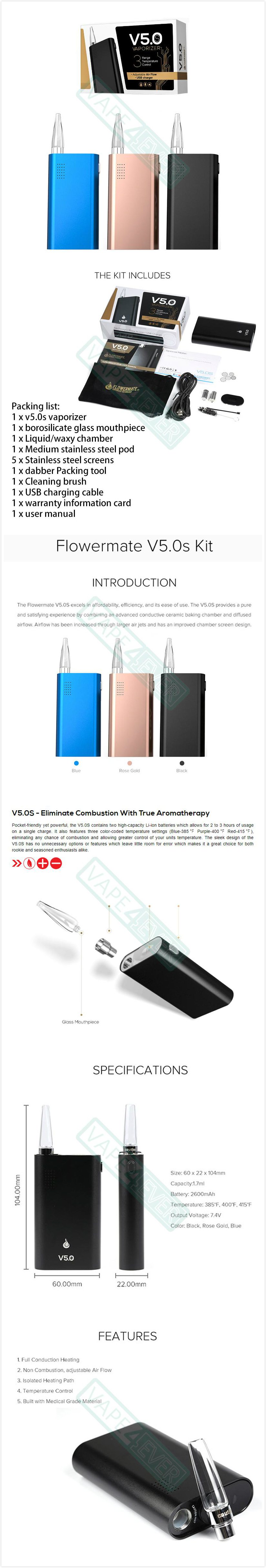 Flowermate V5.0s Vaporizer Kit With Li-ion Batteries & Dab Tool For Dry Herb Instruction