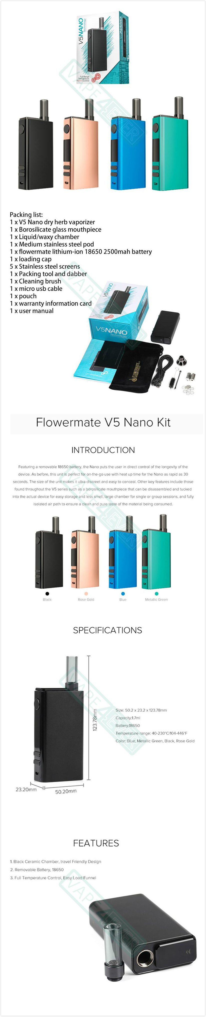 Flowermate V5 Nano 2500mAh Dry Herb Vaporizer Kit With Liquid/Wax Chamber Instruction