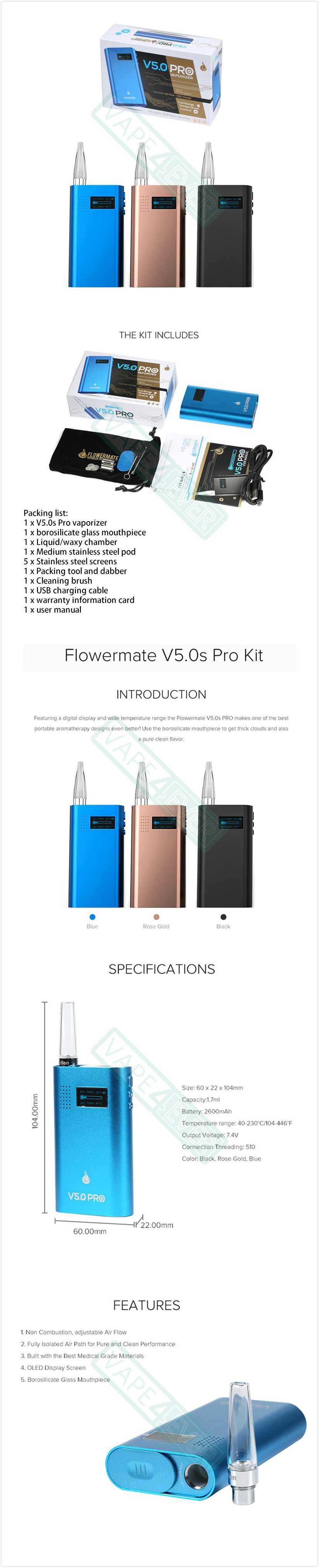 Flowermate V5.0s Pro Vaporizer Kit LG 2600mAh Battery Included Herb/Concentrate Pod Instruction