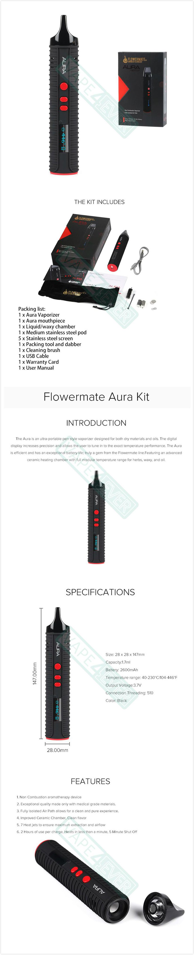 Flowermate AURA Vaporizer Kit 2600mAh With 7 Heat Jets For Dry Herb/Thick Oil Instruction