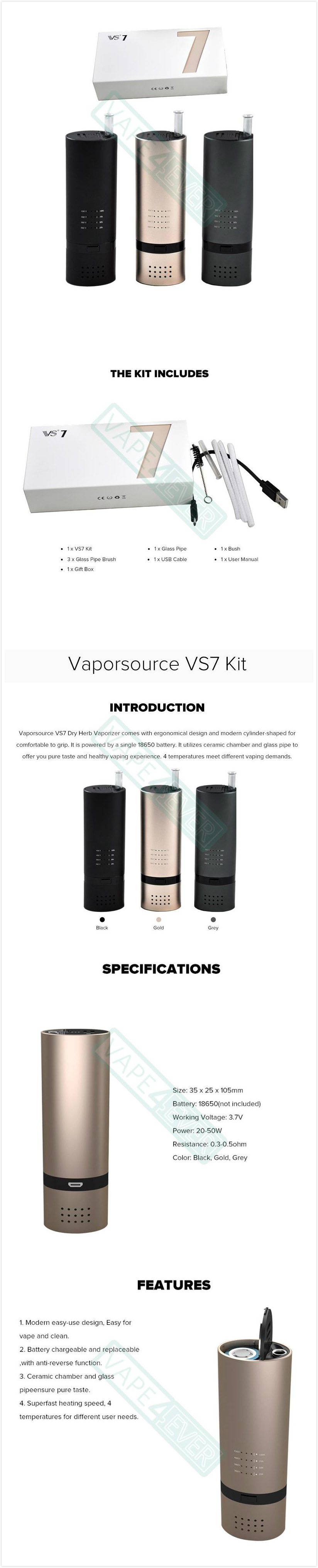 Vaporsource VS7 Vaporizer Kit TC Control For Dry Herb With Ceramic Chamber&Glass Pipe Instruction