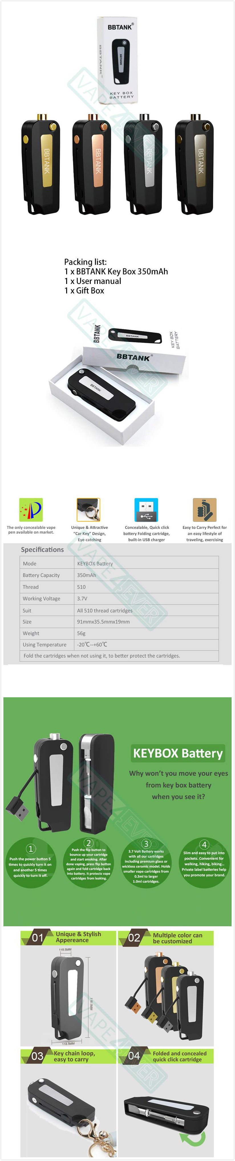 BBTANK Key Box Mod 350mAh Battery 510 Threaded For Oil Cartridge Instruction