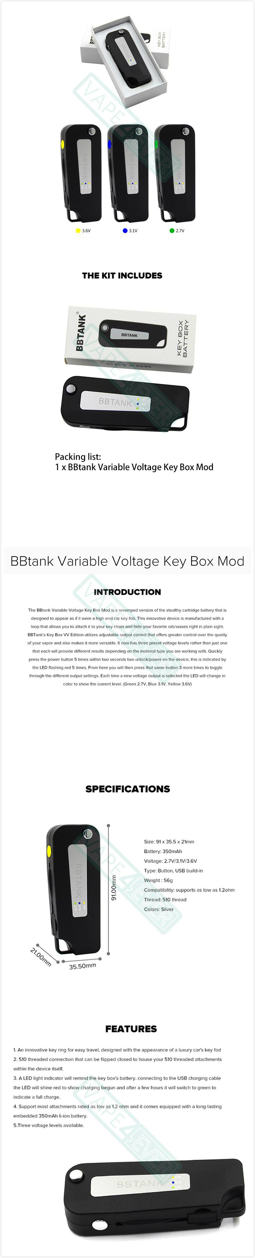 BBTANK Key Box Mod Variable Voltage Version 350mAh Li-ion Battery Instruction