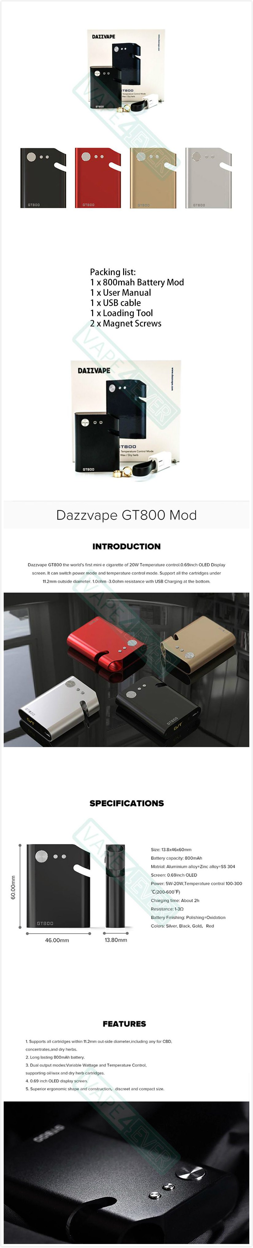 DazzVape GT800 Vaporizer Mod 800mAh VW/TC Modes Box For Oil/Wax/Dry Herb Instruction