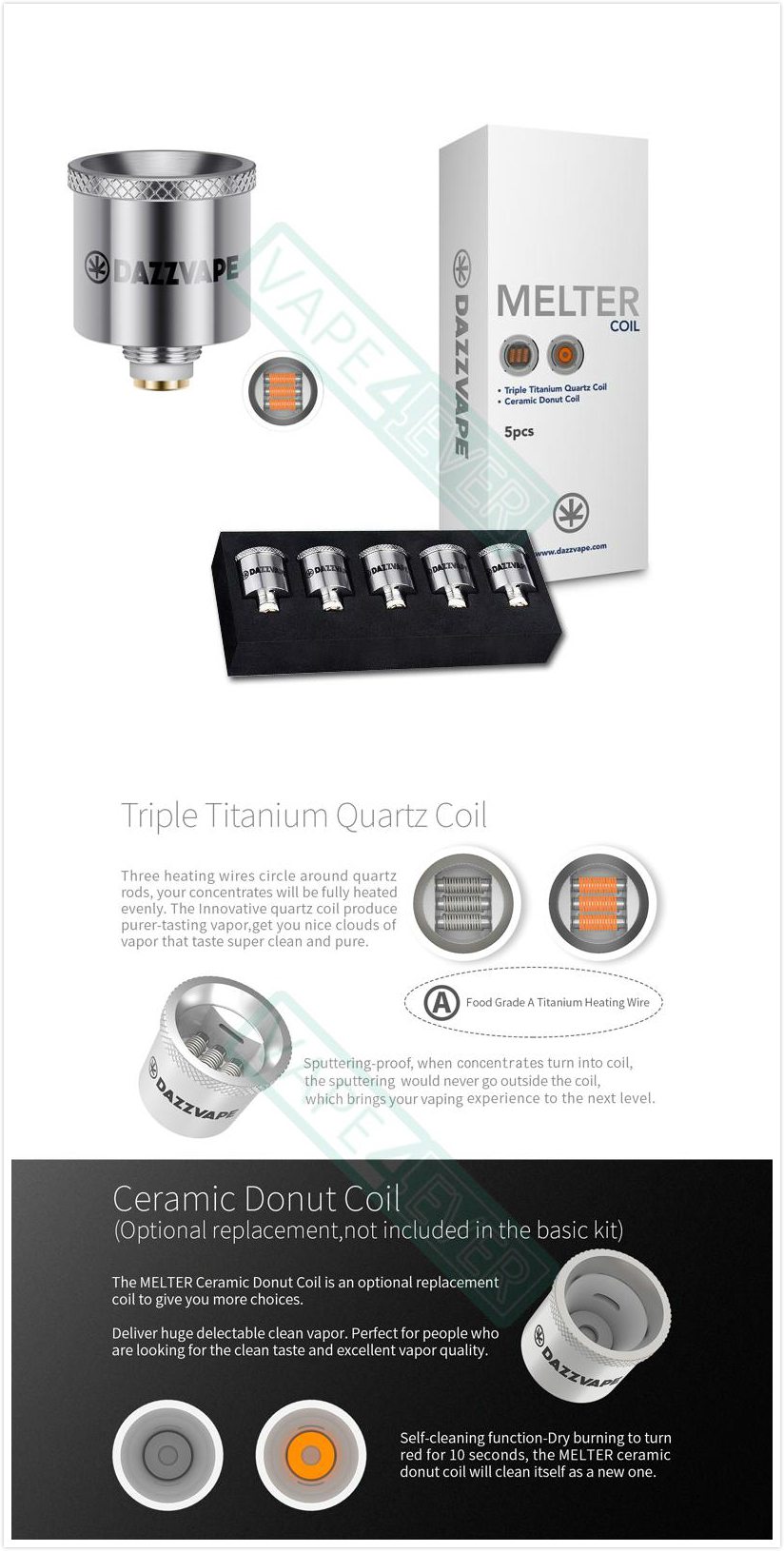 Dazzvape Melter Wax Vaporizer Replacement Coil Triple Titanium Quartz Coil 5pcs/pack Instruction