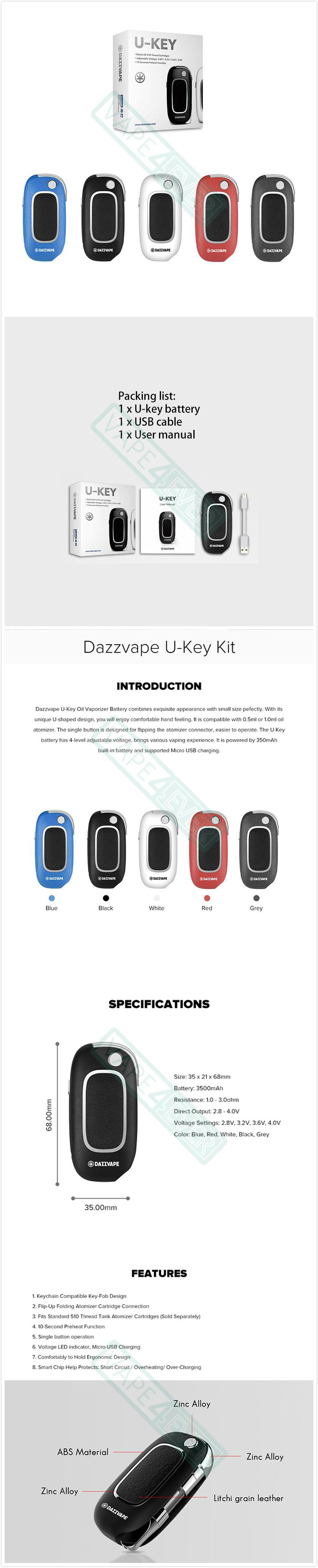 Dazzvape U-Key Oil Vaporizer 350mAh V/V Battery Fit For 0.5ml/1.0ml Cartridge Instruction