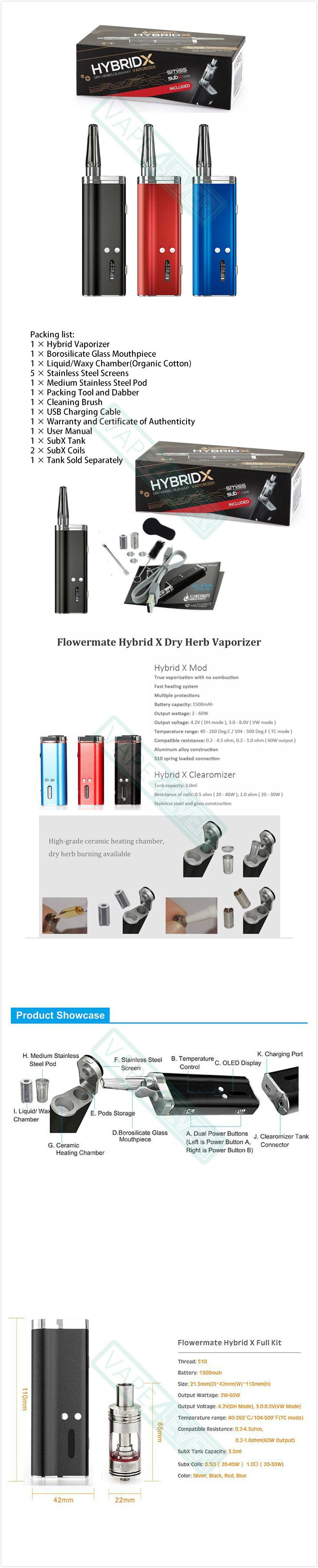 Flowermate Hybrid X 60W Vape Oil & Dry Herb Vaporizer 1500mAh TC Starter Kit Instruction