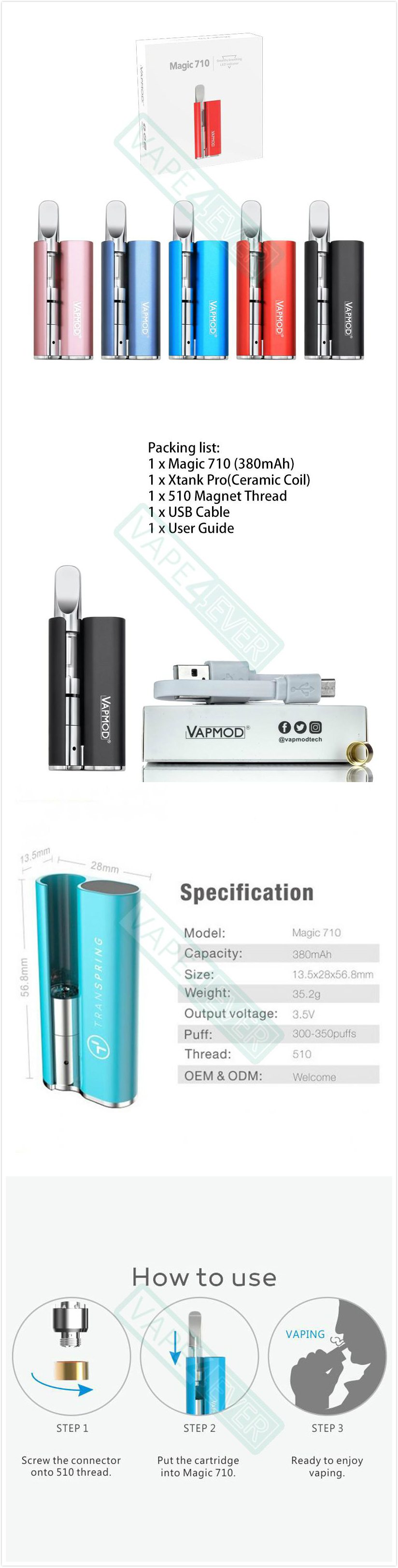 Vapmod Magic 710 Herbal Starter Kit 380mAh Concentrate Vaporizer With Xtank Pro Cartridge Instruction