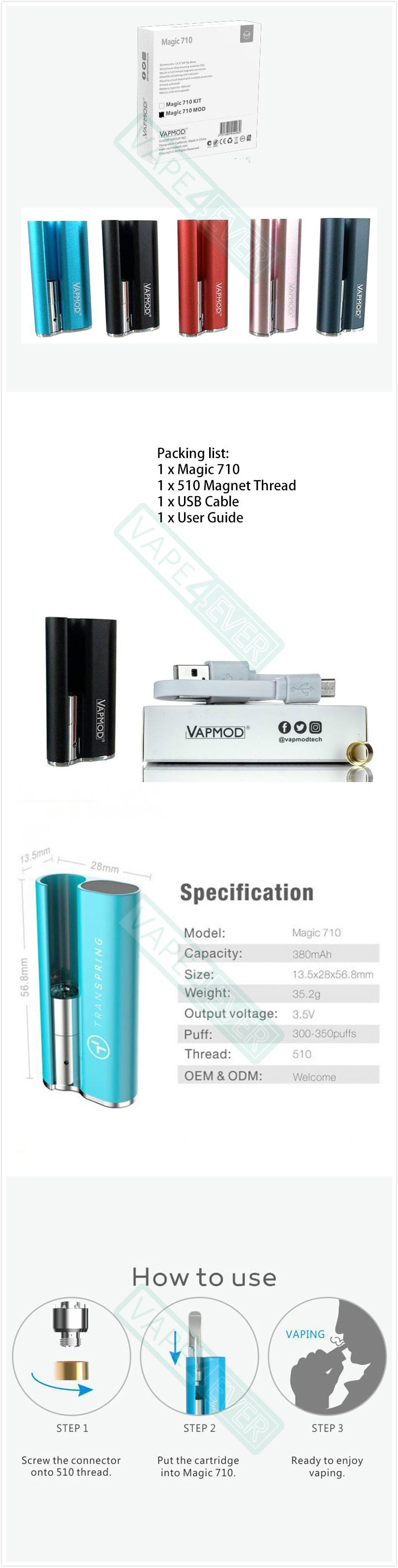 Vapmod Magic 710 Vaporizer Box Mod 380mAh Battery Compatible With 510 Atomizers Instruction