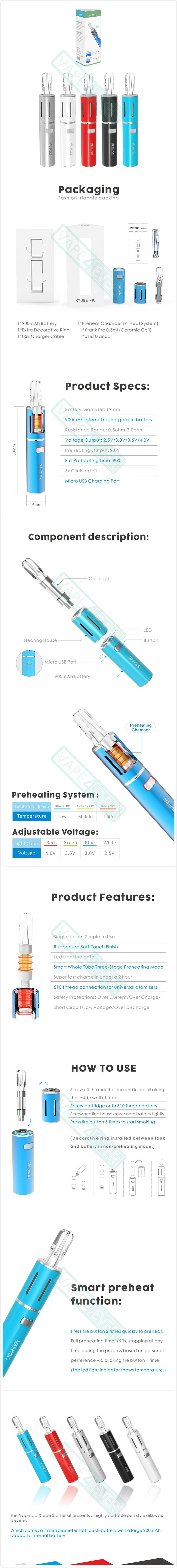 Vapmod Xtube 710 AIO Starter Kit 900mAh VV Preheat Cartridge Vape Pen  For Vaporizer Instruction