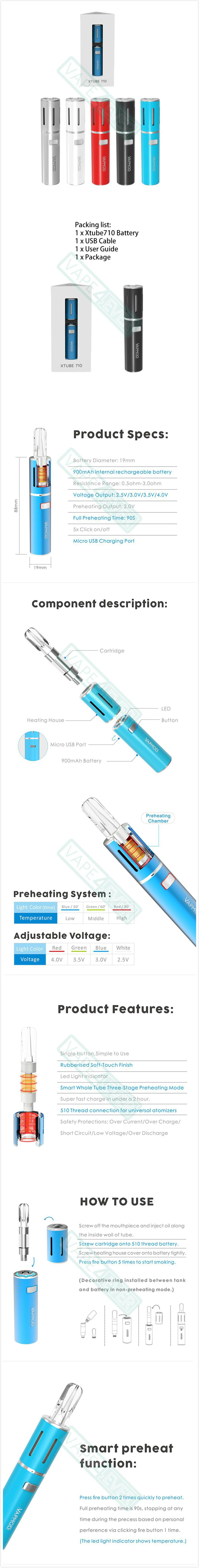 Vapmod Xtube 710 Vape Pen 900mAh Battery Vaporizer Mod Fit For 510 Thread Cartridge Instruction