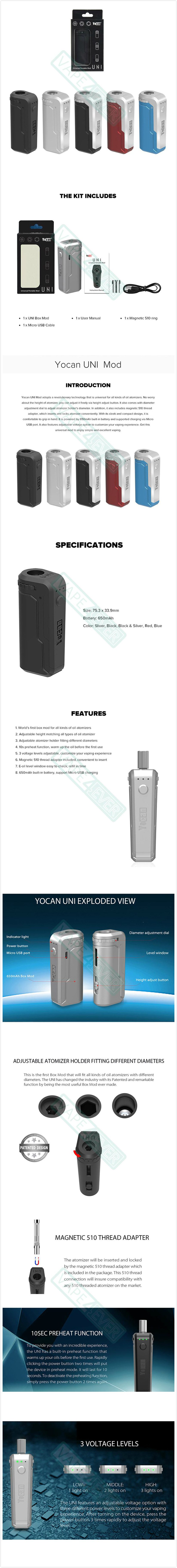 Yocan UNI Vaporizer Box Mod 650mAh For 510 Thread CBD Oil Cartridge/Atomizer Instruction