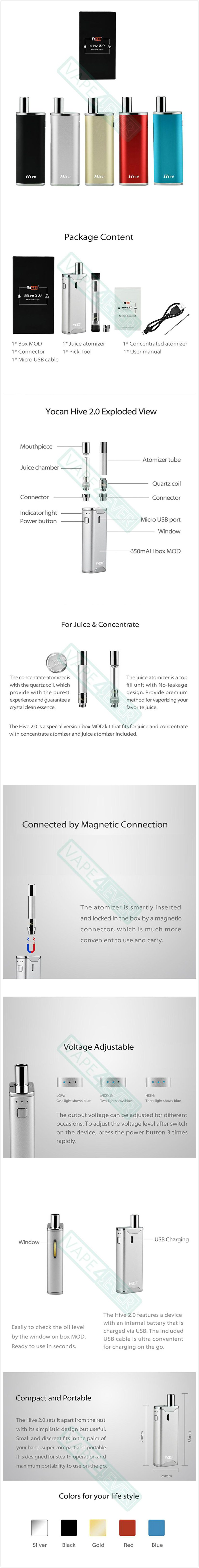 Yocan Hive 2.0 AIO Vaporizer Starter Kit 650mAh Battery E-juice&Concentrate Vape Kit Instruction